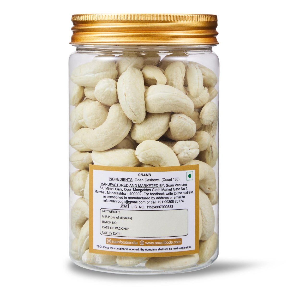 Goan Cashews Count 180 [Grand] - Soan