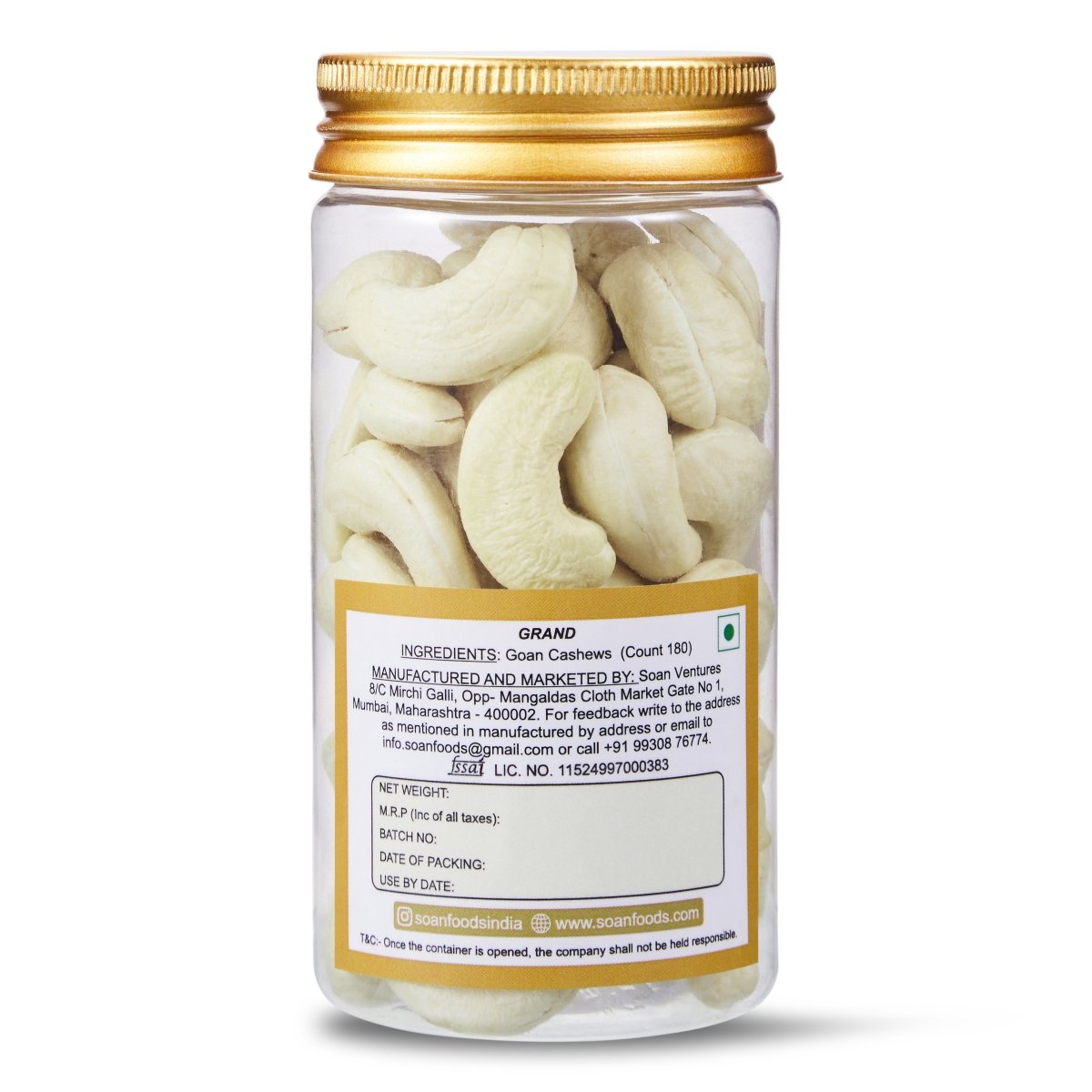 Goan Cashews Count 180 [Grand] - Soan